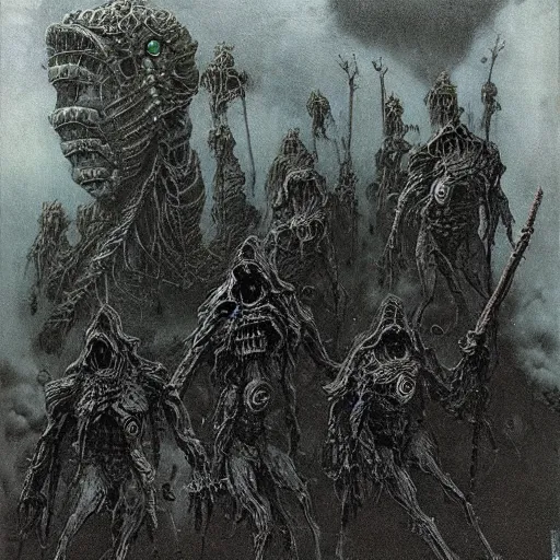 Prompt: goblin recon squad beksinski, eldritch, apocalypse, creepy creature, horror spooky