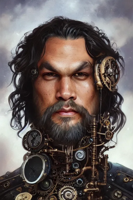 Image similar to jason momoa as a steampunk cyborg, portrait, western, steampunk, duster, fantasy, intricate, elegant, highly detailed, digital painting, artstation, concept art, sharp focus, illustration, art by artgerm and greg rutkowski and alphonse mucha