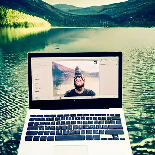 Prompt: a photo of a guy named lake on discord on his computer on the side of the lake
