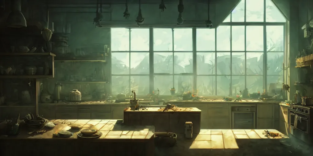 Prompt: post apocalyptic kitchen, by studio ghibli, animation, sharp, rendered in unreal engine 5, focused, anime key art by greg rutkowski, bloom, dramatic lighting