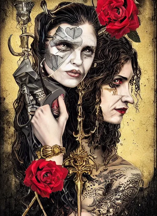 Image similar to tarot card :: horror :: vampires and draculas :: hearts and roses :: gold and silver :: guns and swords :: side profile :: highly details :: intricate details :: Sandra Chevrier and bastien lecouffe deharme