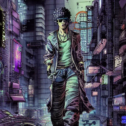 Prompt: a cyberpunk image of a curly-haired persian guy by masamune shirow