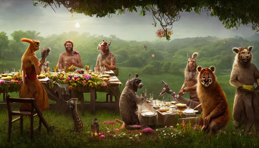 Image similar to a table dinner of exotic animals where animals are dressed like the characters from the midsommar movie wearing flowers, realistic detailed digital art by maxwell boas jessica rossier christian dimitrov anton fadeev trending on artstation cgsociety rendered in unreal engine 4 k hq