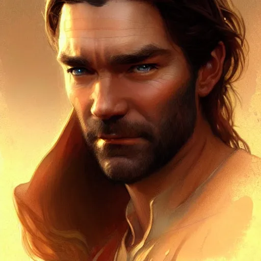 Image similar to Antony Starr closeup, D&D style, fantasy, intricate, elegant, highly detailed, digital painting, artstation, concept art, matte, sharp focus, illustration, art by Artgerm and Greg Rutkowski and Alphonse Mucha