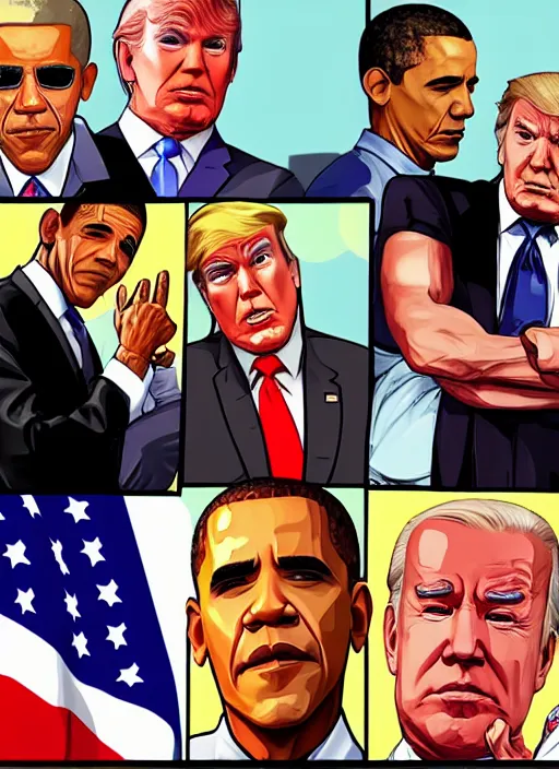 Image similar to GTA Cover Art, Obama, Biden, Trump