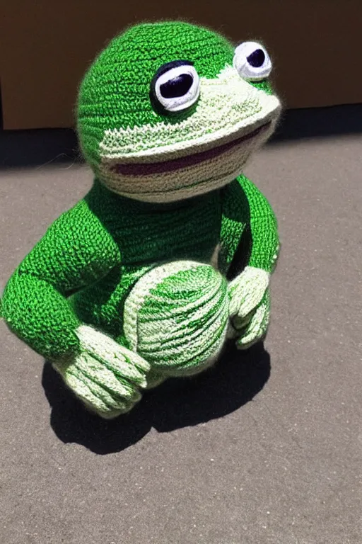 Image similar to Pepe the frog knitted from yarn