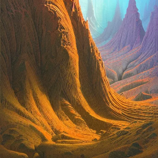 Image similar to american west mountains and forests, fluid, smooth, bright colours, high contrast, sharpness, beautiful, peaceful, very detailed, intricate, volumetric lighting, by giger and corben and moebius and beksinski and bosch and bacon