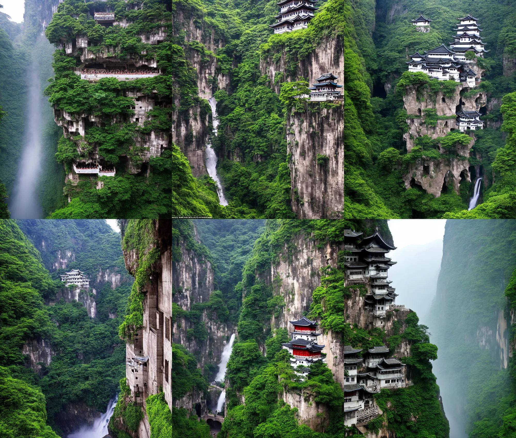 Prompt: establishing wide shot inside han son doong with waterfalls on either side of the cliff walls, a cloister is built into the cliff walls, at the top of the cliff is a japanese castle