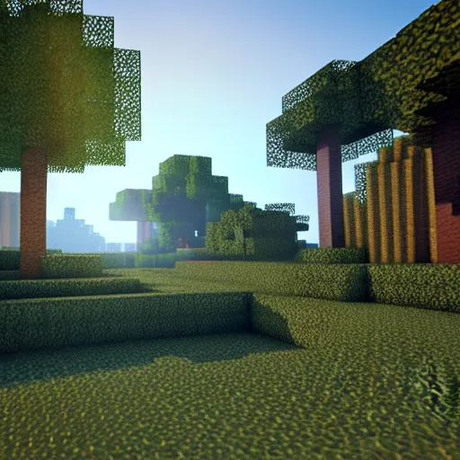 Image similar to realistic minecraft, octane render, unreal engine, raytracing, 8k