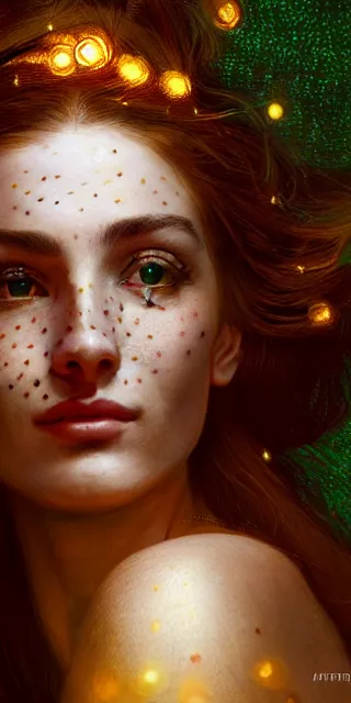 Image similar to a totally amazed smiling pretty woman surrounded by golden firefly lights in a mesmerizing scene, fully covering intricate detailed bohemian outfit, long loose red hair, precise linework, accurate green eyes, small nose with freckles, beautiful smooth oval head, expressive emotions, hyper realistic ultrafine portrait by artemisia gentileschi, jessica rossier, greg rutkowski, artgerm