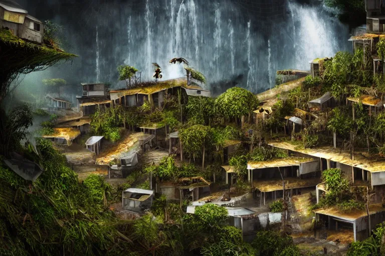 Image similar to favela bunker honeybee hive, forest waterfall environment, industrial factory, spooky, award winning art, epic dreamlike fantasy landscape, ultra realistic,