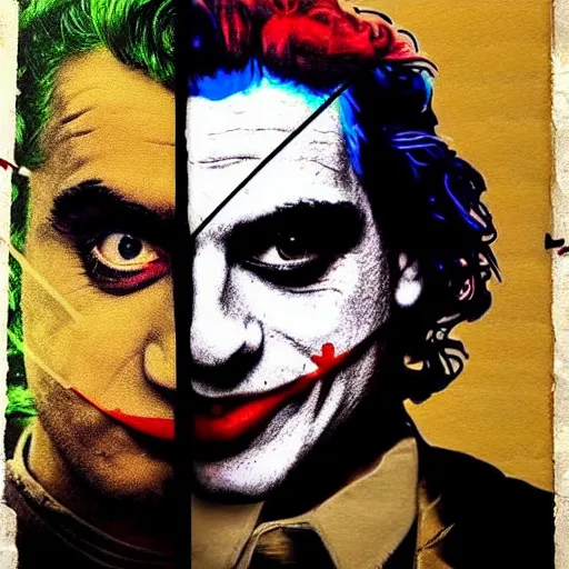 Image similar to mimmo rottela and banksy as joaquin phoenix skinny joker holding hand lady gaga harley queen, ultra photorealistic, extreme realistic, intricate details, pop art style, concept art, confident, love, random object movement, 3 colours, warm color, 4 k, ultra smooth, sharp focus