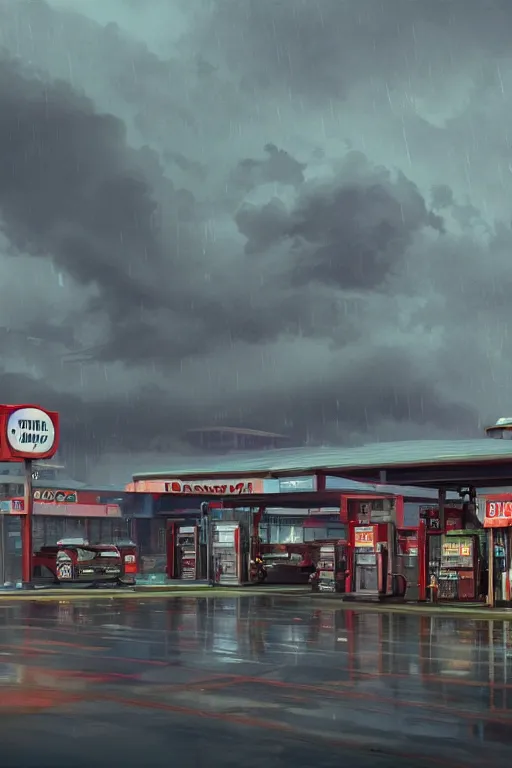 Image similar to a highly detailed matte painting of a single gas station with a sign in lightning storm and heavy rain by studio ghibli, makoto shinkai, by artgerm, by wlop, by greg rutkowski, volumetric lighting, octane render, 4 k resolution, trending on artstation, masterpiece