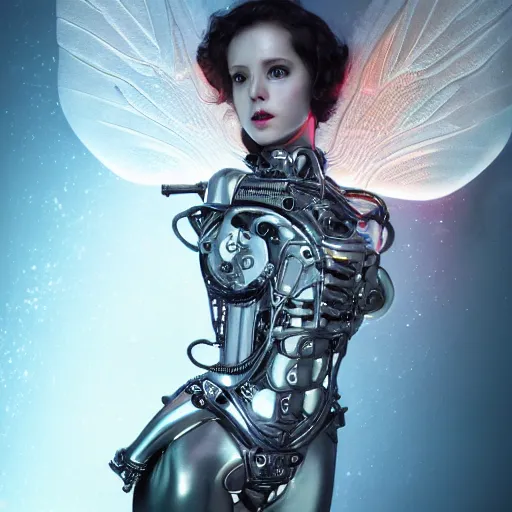 Image similar to a beautiful intricate fine art portrait photo of a a mechanical industrial steampunk cybernetic angel with neon wings against galactic space, soft backlight, by tom bagshaw and zach sutton, perfection!, milk bath photography, studio lighting, 3 5 mm lens, very detailed, bionic, cybernetic scifi, deep depth of field, artstation, 8 k, highly coherent