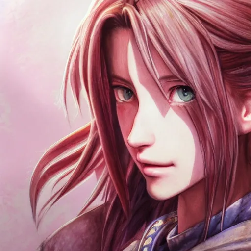 Image similar to portrait of aerith!!!!!!!!! from final fantasy vii, water - color painting by amano yoshitaka, ultra realistic, highly detailed, sharp focus, cinematic lighting, mood lighting, realistic, vivid colors, painting, photorealistic, digital art, non blurry, sharp, smooth, illustration