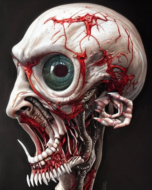 Image similar to Haunting horrifying hyperrealistic detailed painting of a tall slim flesh extraterrestrial creature covered in thick black blood, heavy metal, disgusting, creepy, unsettling, and bloodshot eyeballs, hyper detailed, trending on Artstation