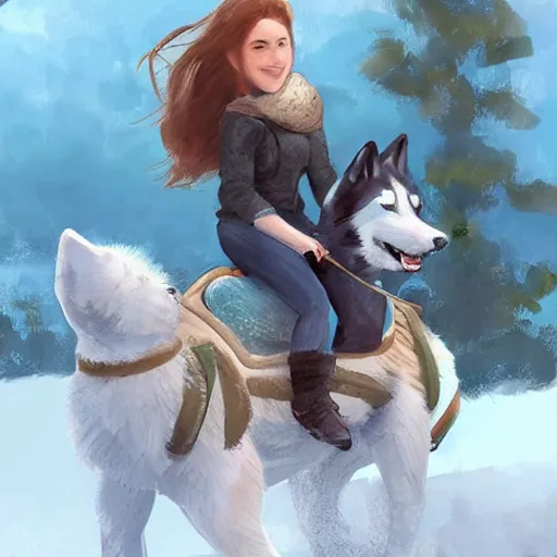 Prompt: girl riding a giant husky in the park, trending on artstation