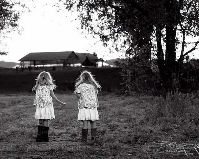 Image similar to Twin girls at iron gate at sunset - black and white photo