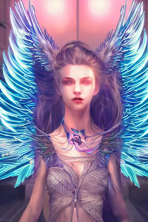 Image similar to portrait futuristic goddess angel Girl with wings and feathers, in future cyberpunk tokyo rooftop , ssci-fi, fantasy, intricate, very very beautiful, elegant, human anatomy, human structure, neon light, highly detailed, digital painting, artstation, concept art, smooth, sharp focus, illustration, art by tian zi and WLOP and alphonse mucha