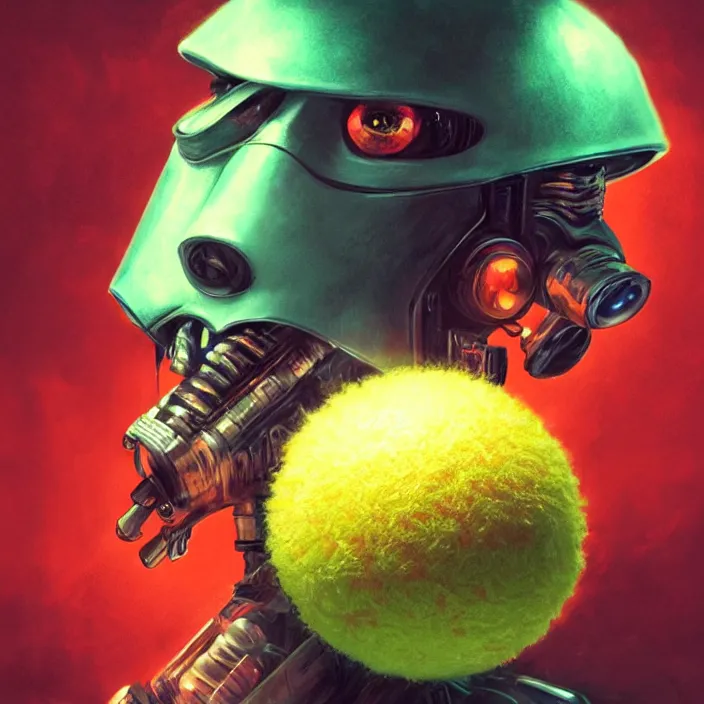 Image similar to cinematic portrait of a cute tennis ball monster, cyberpunk, bladerunner, chalk, masterpiece, trending on artstation, featured on pixiv, cinematic composition, dramatic pose, beautiful lighting, sharp details, hyper - detailed, hd, hdr, 4 k, 8 k, art by basil gogos