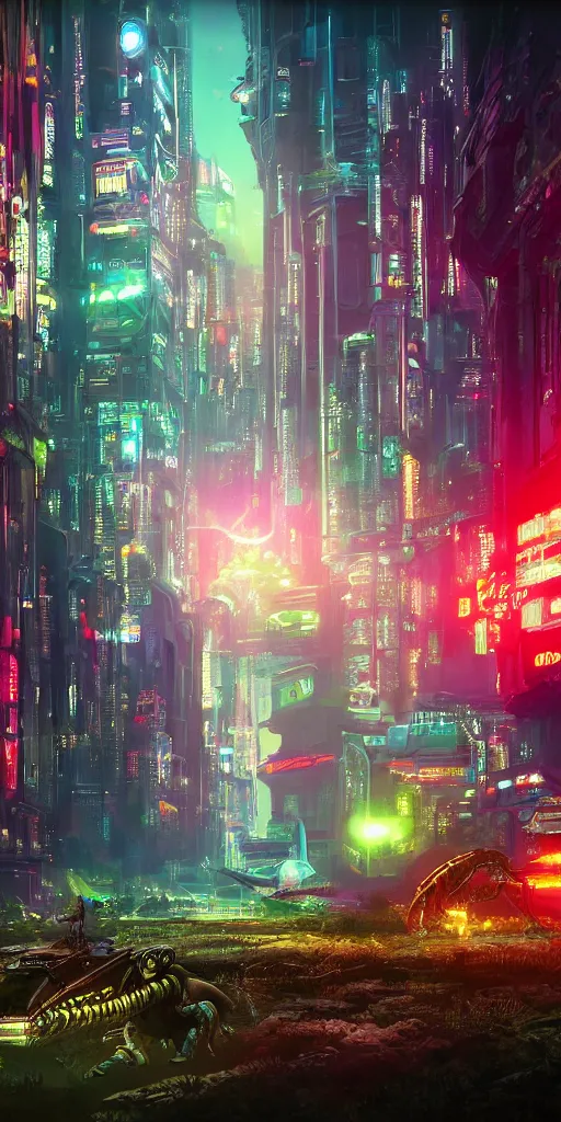 Image similar to a beautiful painting of a lush cyberpunk city with a single dinosaur grazing in the foreground by ridley scott, vivid colours, cinematic lighting, fine details, 8 k | | digital artwork made by greg rutswork, anna dittmann and lois van barlee, symmetrical neon rim light, anatomically correct