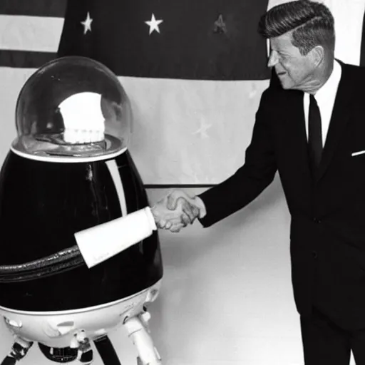 Image similar to a black and white photo of president kennedy shaking hands with a space alien