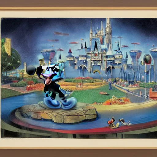 Image similar to Mickey Mouse goes on a rampage at Disney World, surrealist landscape concept art