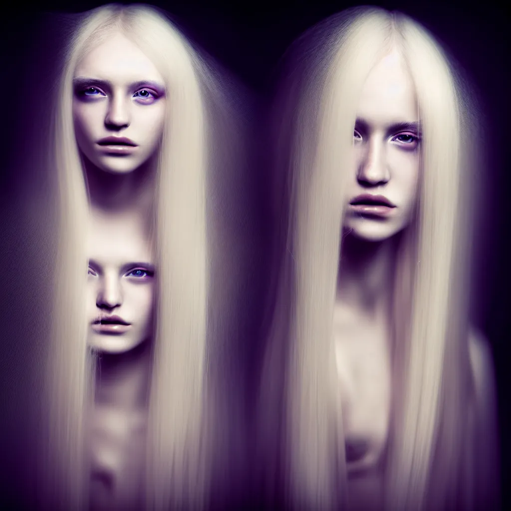 Image similar to photo portrait one face of a young woman with long blond hair dressed in long white, fine art photography light painting in style of Paolo Roversi, volumetric lighting, dark background, hyper realistic photography, fashion magazine style