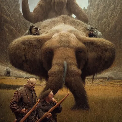 Image similar to vladimir putin, unga bunga mammoth hunting, macabre, by donato giancola and greg rutkowski and wayne barlow and zdzisław beksinski, realistic face, digital art