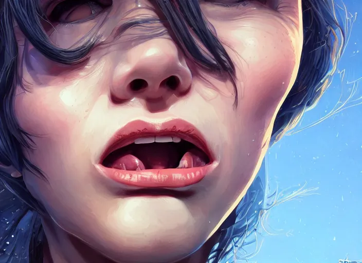 Image similar to wide open wife mouth, close - up, cry, defiant, pin - up, full lips, symmetrical teeth, light effect, hyper detailed, intricate, elegant, highly detailed, digital painting, artstation, concept art, matte, sharp focus, illustration, by dan mumford, yusuke murata, makoto shinkai, ross tran