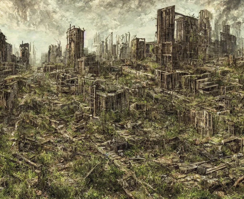 Image similar to a Dystopian gothic painting of the abandoned streets of the overgrown arcology