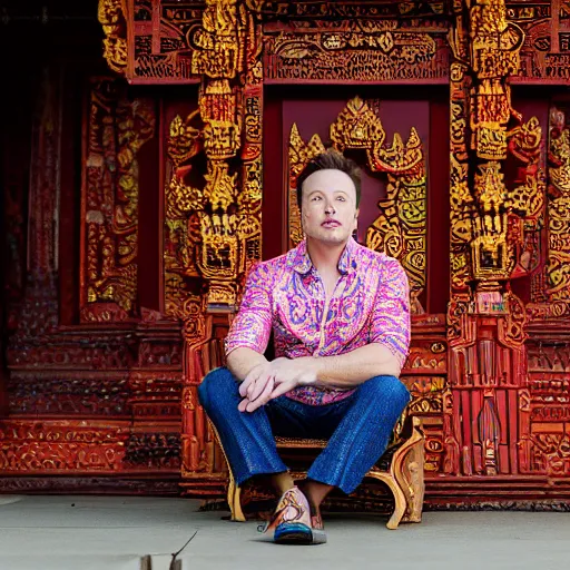 Image similar to A Photo Portrait of elon musk Wearing Indonesian Batik at a fancy Balinese temple, award winning photography, sigma 85mm Lens F/1.4, blurred background, perfect faces