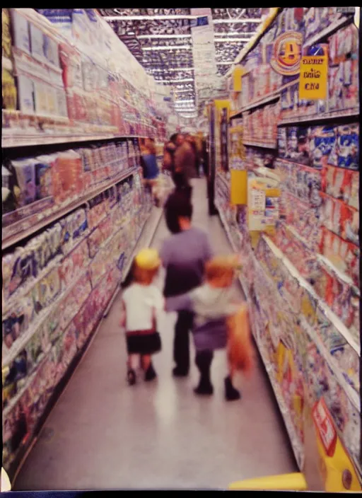 Image similar to first person view. walking through a costco in 1 9 9 7. blurry polaroid. simple composition. wes anderson