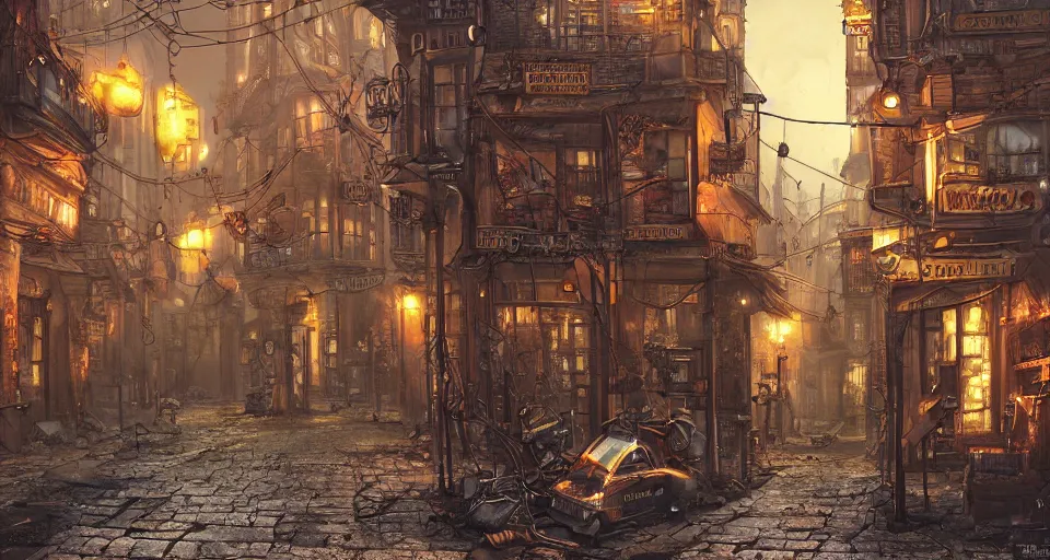 Image similar to steampunk city streets by guido borelli da caluso, junk everywhere, wires hanging, atmospheric, dramatic lighting, octane render trending on artstation