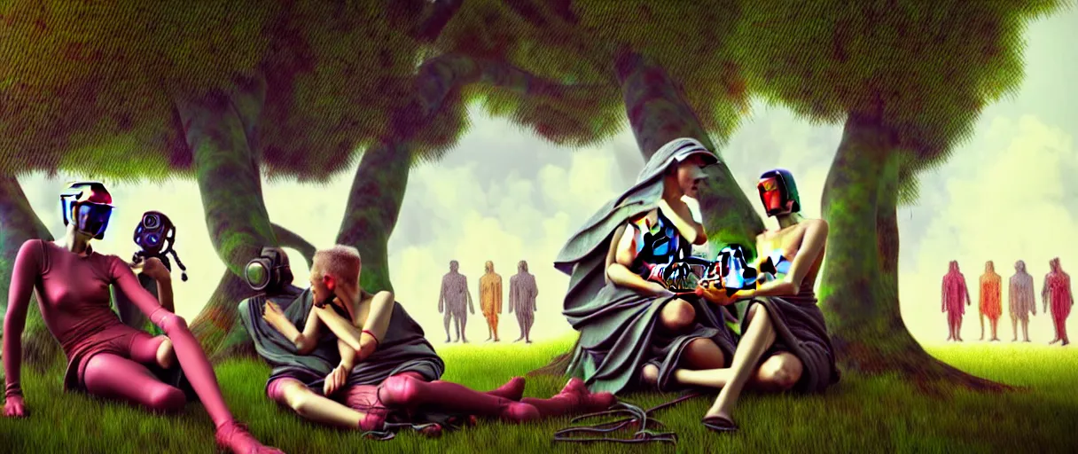 Prompt: minimalist hyperdetailed photorealistic cyborgs under a big tree, eating interesting elaborate fruits, with simple clothing. in the style of Caravaggio and Paul Gauguin, with liberty cyberpunk and flemish baroque mixed media elements. beautiful! accurate hyperrealistic soft pastel tones. matte background HD 8x