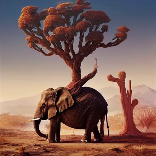 Image similar to one elephant in the desert, next to a huge dead tree head, concept art by chris labrooy, cgsociety, retrofuturism, sci - fi, concept art, futuristic