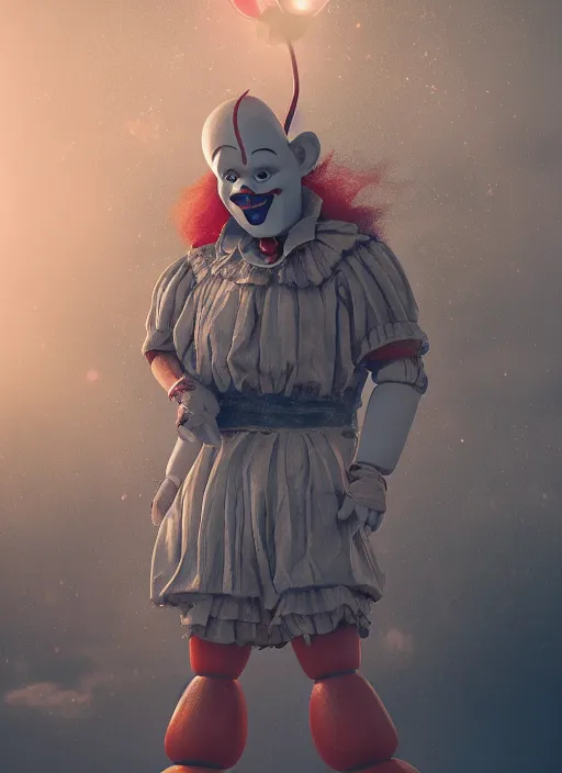 Image similar to Giant Clown from the movie IT as a robot abandoned on a dusky land, artistic pose, cinematic shot, intricate, ornate, photorealistic, ultra detailed, realistic, 100mm, photography, octane, high definition, depth of field, bokeh, 8k, artstation