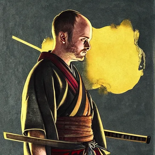 Image similar to jesse pinkman from breaking bad wearing samurai armor and holding a katana in feudal japan, 4 k, hyper realistic, ink block painting, edo period