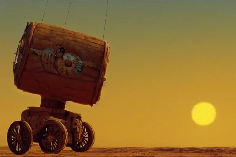 Prompt: giant wheels roll toward a golden desert sunset, cinemascope, studio ghibli, widescreen