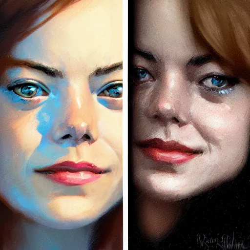 Image similar to sibgle female face portrait : left - half of this face is is sad emma stone, right - half of this face is smiling emma stone, fine details, realistic shaded lighting poster by greg rutkowski, magali villeneuve, artgerm, jeremy lipkin and michael garmash and rob rey