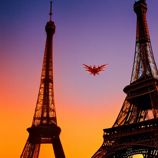 Image similar to flying dragon over the eiffel tower, paris, sunset, flying dragon, smaug