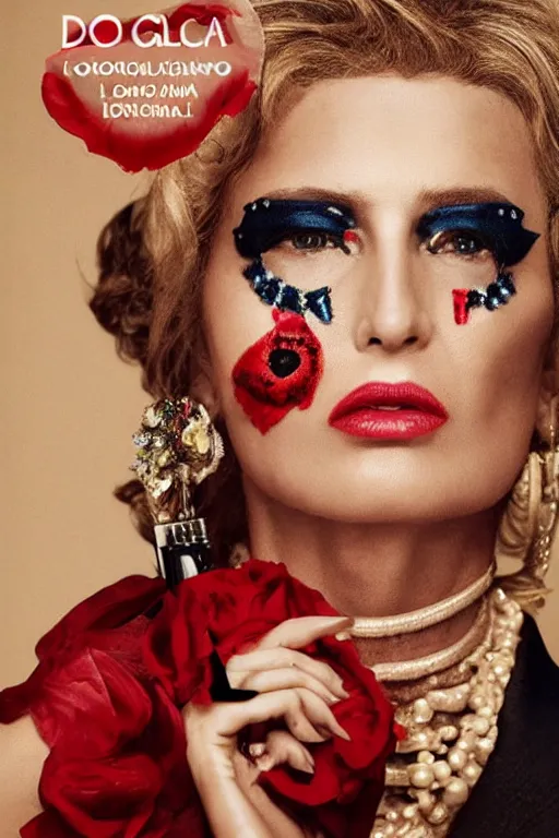 Image similar to dolce & gabbana campaign featuring donald trump as a cowgirl, long eyeslashes, huge juicy lips, big seductive eyes, unprocessed colors, # nofilter, shot by annie leibovitz, realistic vfx simulation