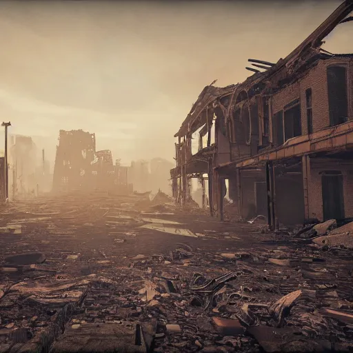Prompt: Post apocalyptic wasteland, daylight, high detail, destroyed buildings