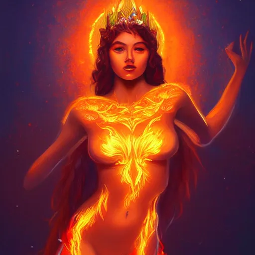 Image similar to A beautiful painting of a goddess with a body made of flames by Andrews Esao, fantasy, Trending on artstation.