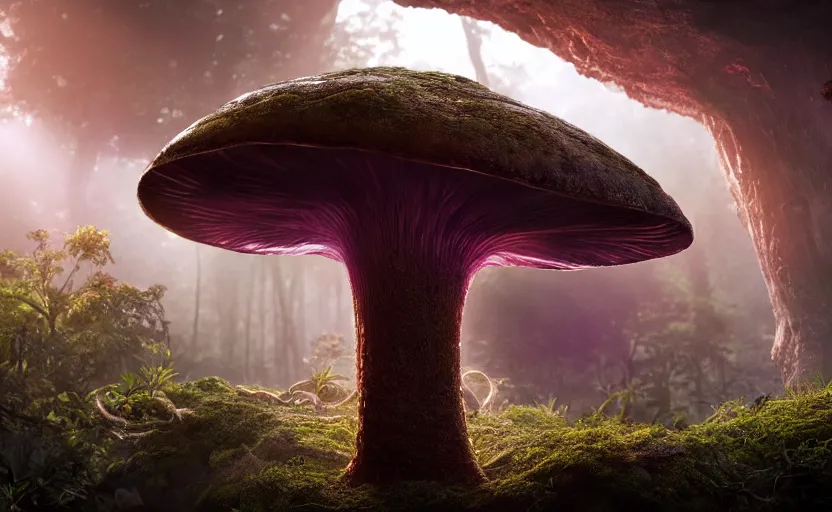 Image similar to a beautiful render of an alien mushroom growing out of a human a skull in a rainforest, sunset lighting, intricate detail, hazy, humid, volumetric lighting, god rays, 8 k, photorealistic, raytracing effects, unreal engine 5