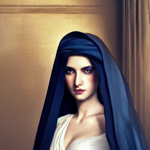 Image similar to a Photorealistic dramatic hyperrealistic render of an arab ameera al taweel, blue eyes, black hair, white veil,by WLOP,Artgerm,Greg Rutkowski,Alphonse Mucha, Beautiful dynamic dramatic dark moody lighting,shadows,cinematic atmosphere,Artstation,concept design art,Octane render,8K