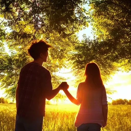 Prompt: a couple holding hands on a beautiful meadow in the sunset, with trees and bushes; her hair flows in the breeze, anime style