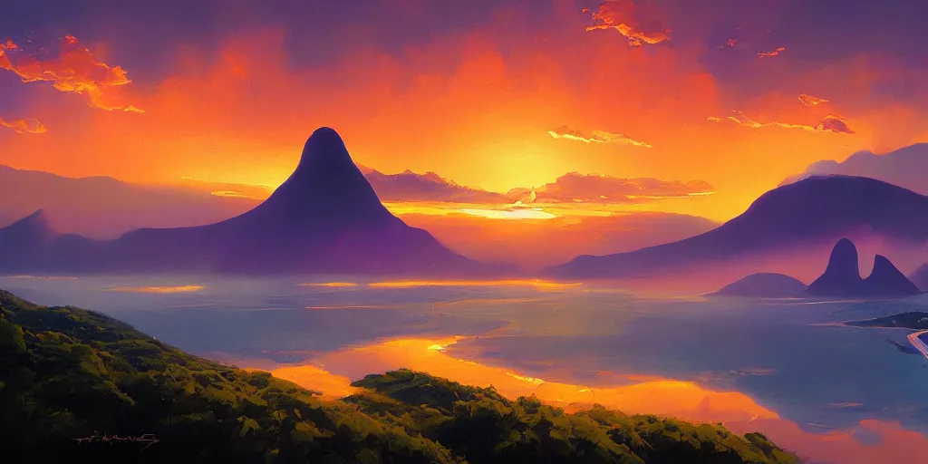 Image similar to iridescent painting of sunset over rio de janiero, panoramic, digital painting, by rhads and moebius