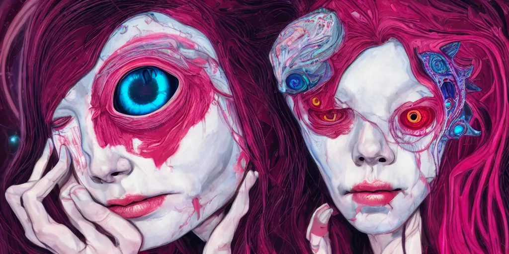 Prompt: full view portrait of a pale cyborg woman crying, in the style of jin kagetsu and james jean, background by beatriz milhazes, highly detailed, big glowing eyes, pink hair, red lipstick, face symmetry, masterpiece, sharp focus, realistic intricate concept art, dramatic lighting, 8 k