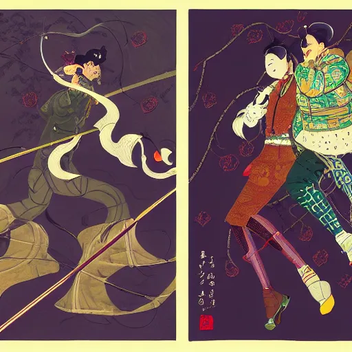 Image similar to portrait of two characters in the style of genshin impact art style and victo ngai